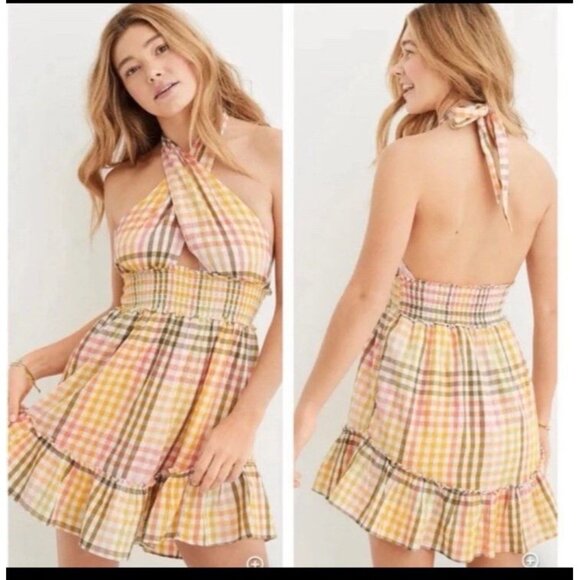 NEW Aerie Spring Fling Gingham Dress Mini Ruffle Halter Open Back Cocktail LARGE - Picture 7 of 7